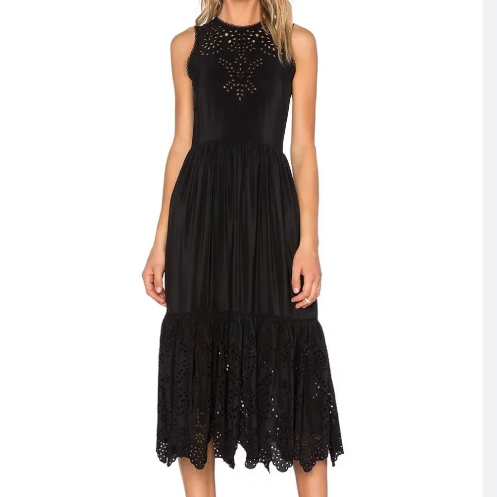 Ulla Johnson Oona Silk Eyelet Embroidered Dress in Raven Black Size 10 - Picture 11 of 11